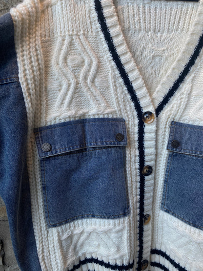 Oversized Ivory Cable Cardigan with Denim Sleeves