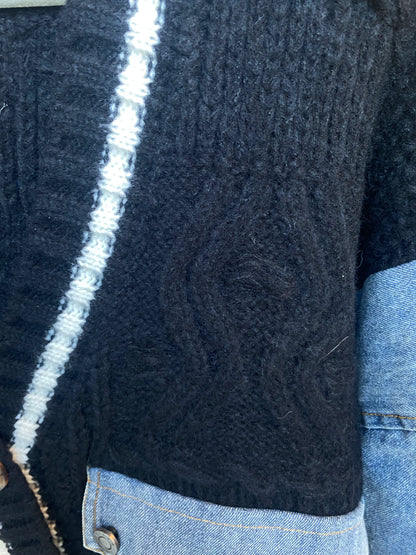 Oversized Black Cable Cardigan with Denim Sleeves