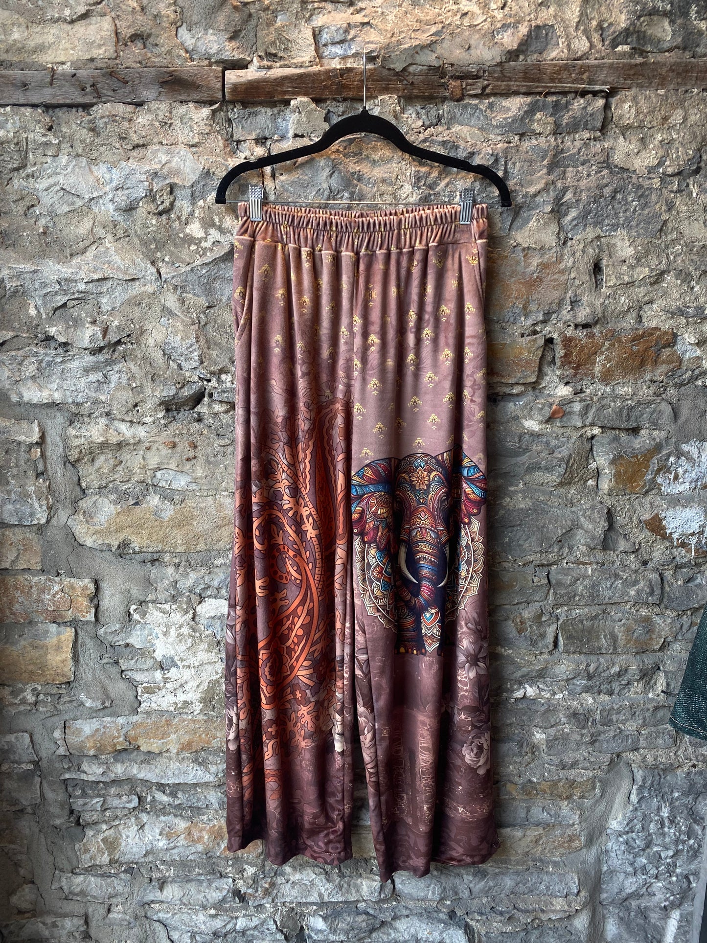 Velour Multicolour Elephant Zen Print Top and Wide Leg Pant 2pc SET