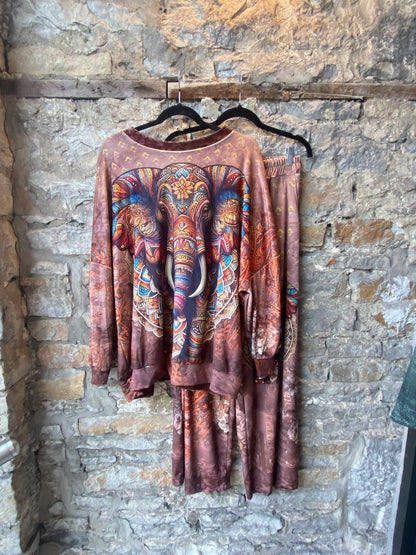 Velour Multicolour Elephant Zen Print Top and Wide Leg Pant 2pc SET