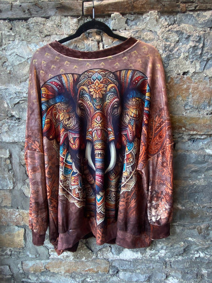 Velour Multicolour Elephant Zen Print Top and Wide Leg Pant 2pc SET