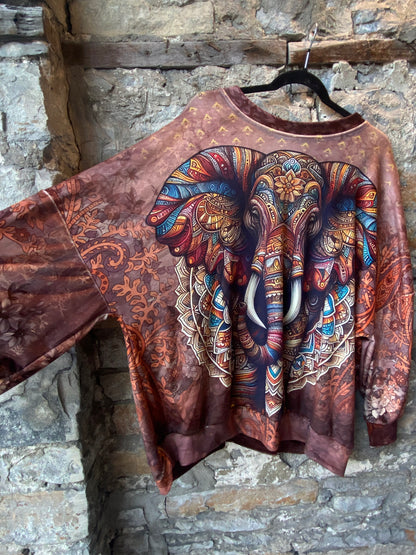 Velour Multicolour Elephant Zen Print Top and Wide Leg Pant 2pc SET