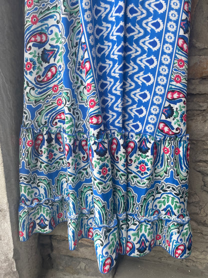 Halter Maxi Dress with Ruffled Flounce - Blue White Green Red Pattern