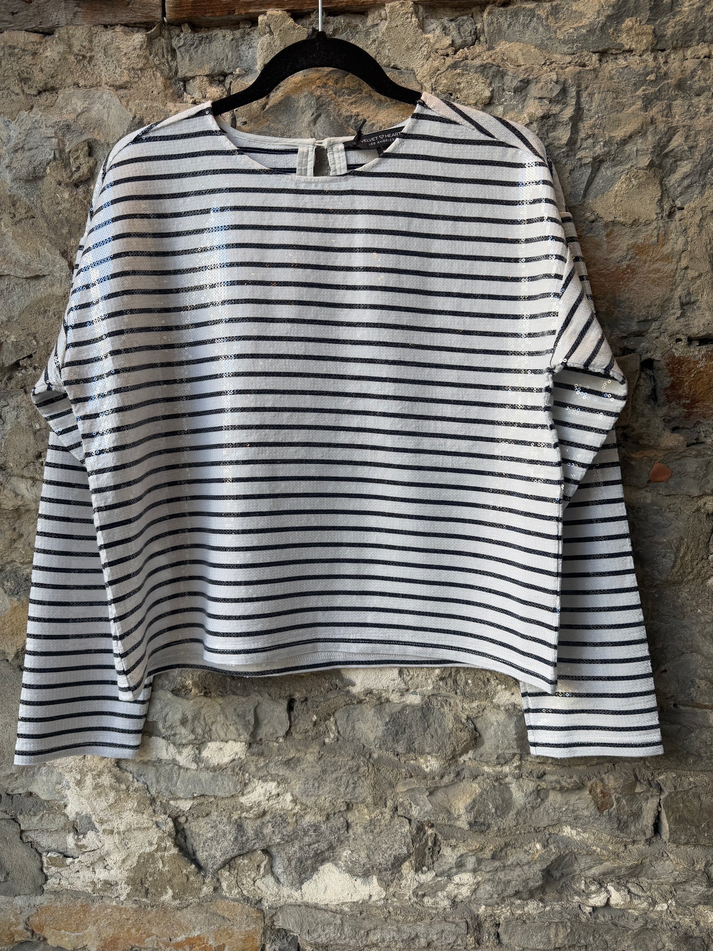 Sequin Stripe Long Sleeve Top- Dark Navy and White