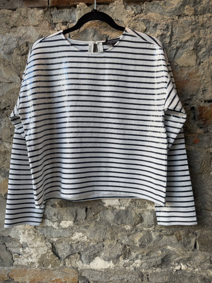 Sequin Stripe Long Sleeve Top- Dark Navy and White