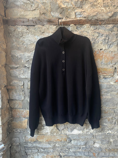 2 pc black knit silver snap detail sweater and wide leg pant set