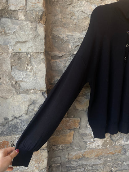 2 pc black knit silver snap detail sweater and wide leg pant set