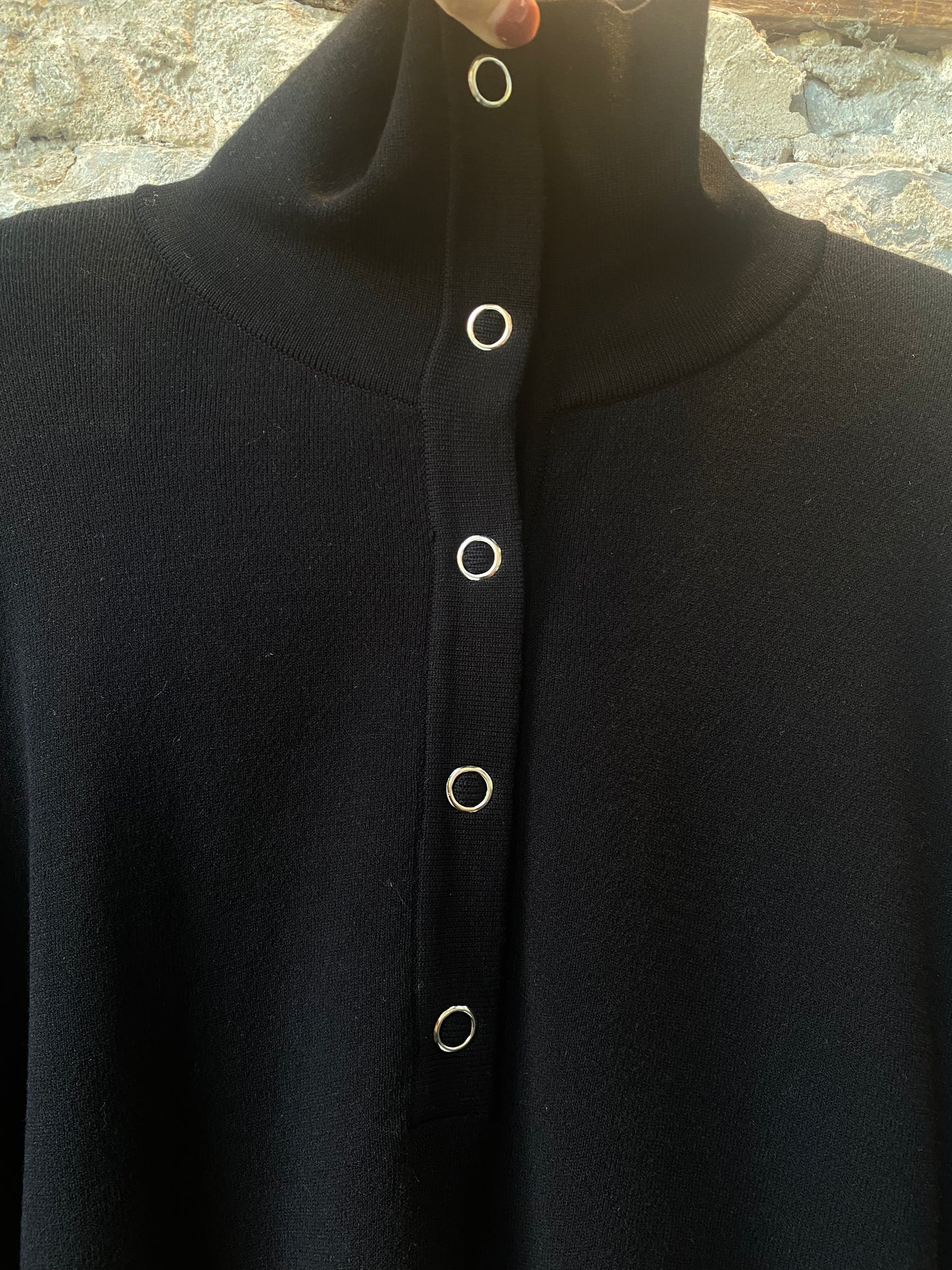 2 pc black knit silver snap detail sweater and wide leg pant set