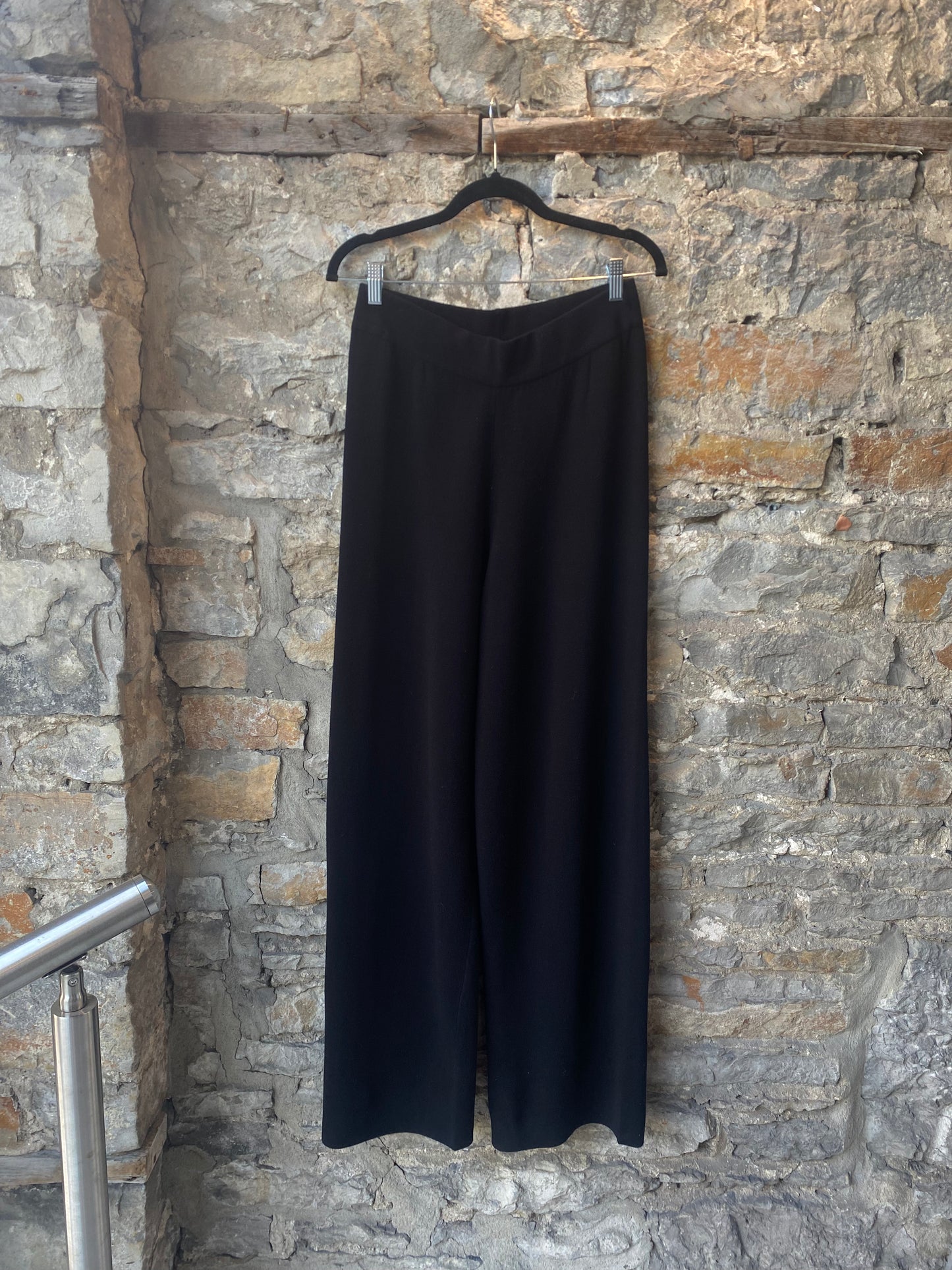 2 pc black knit silver snap detail sweater and wide leg pant set