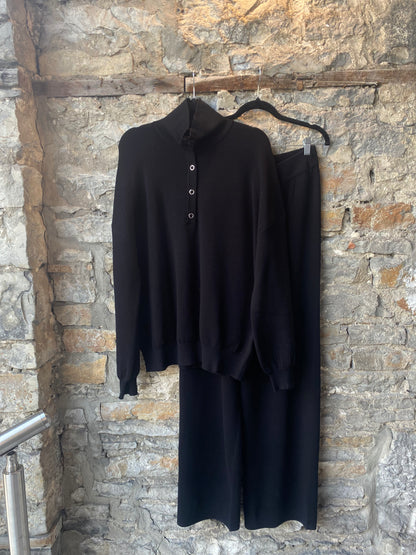 2 pc black knit silver snap detail sweater and wide leg pant set