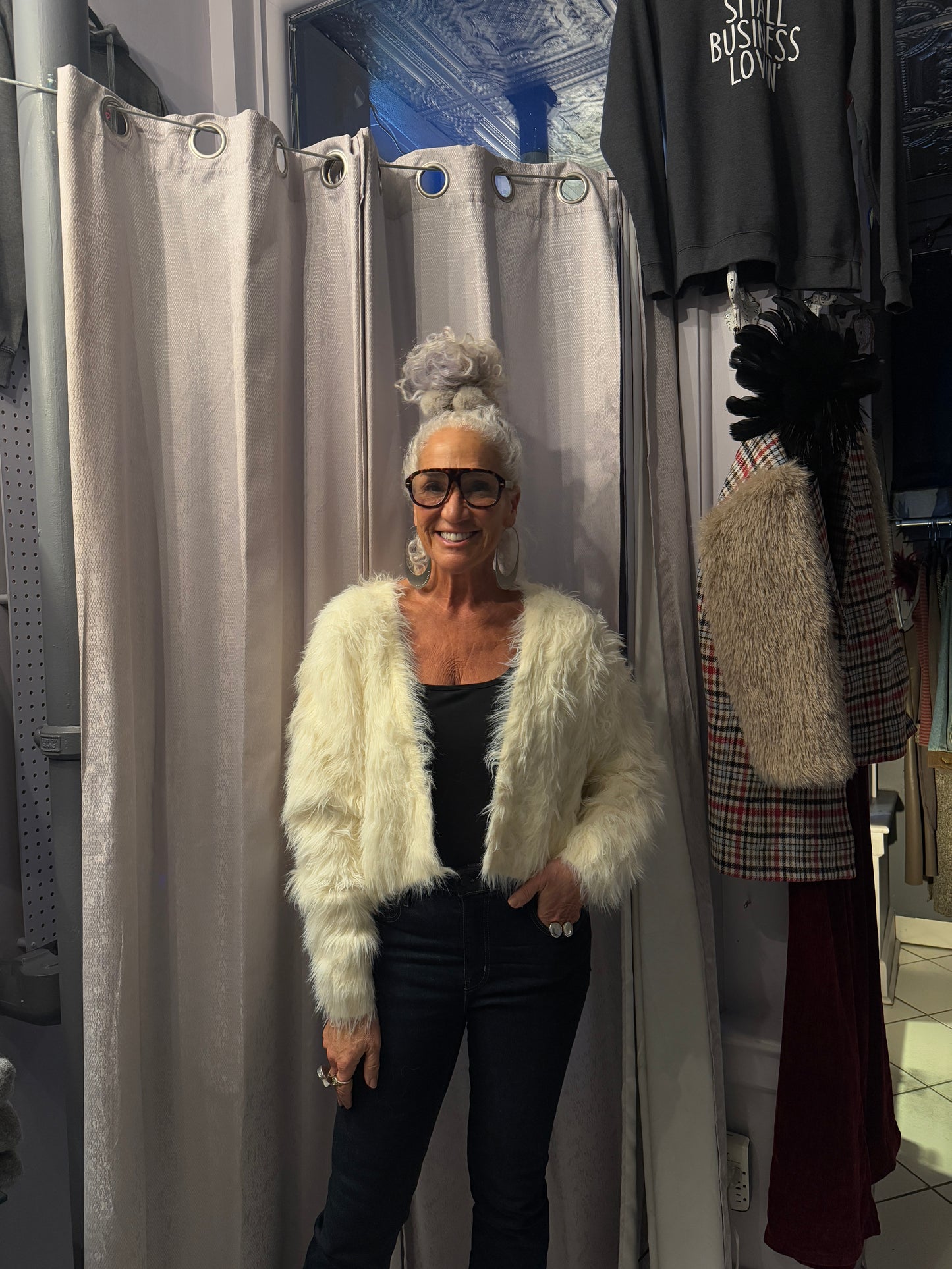 Faux Fur Shag Cropped Cardigan Jacket- IVORY