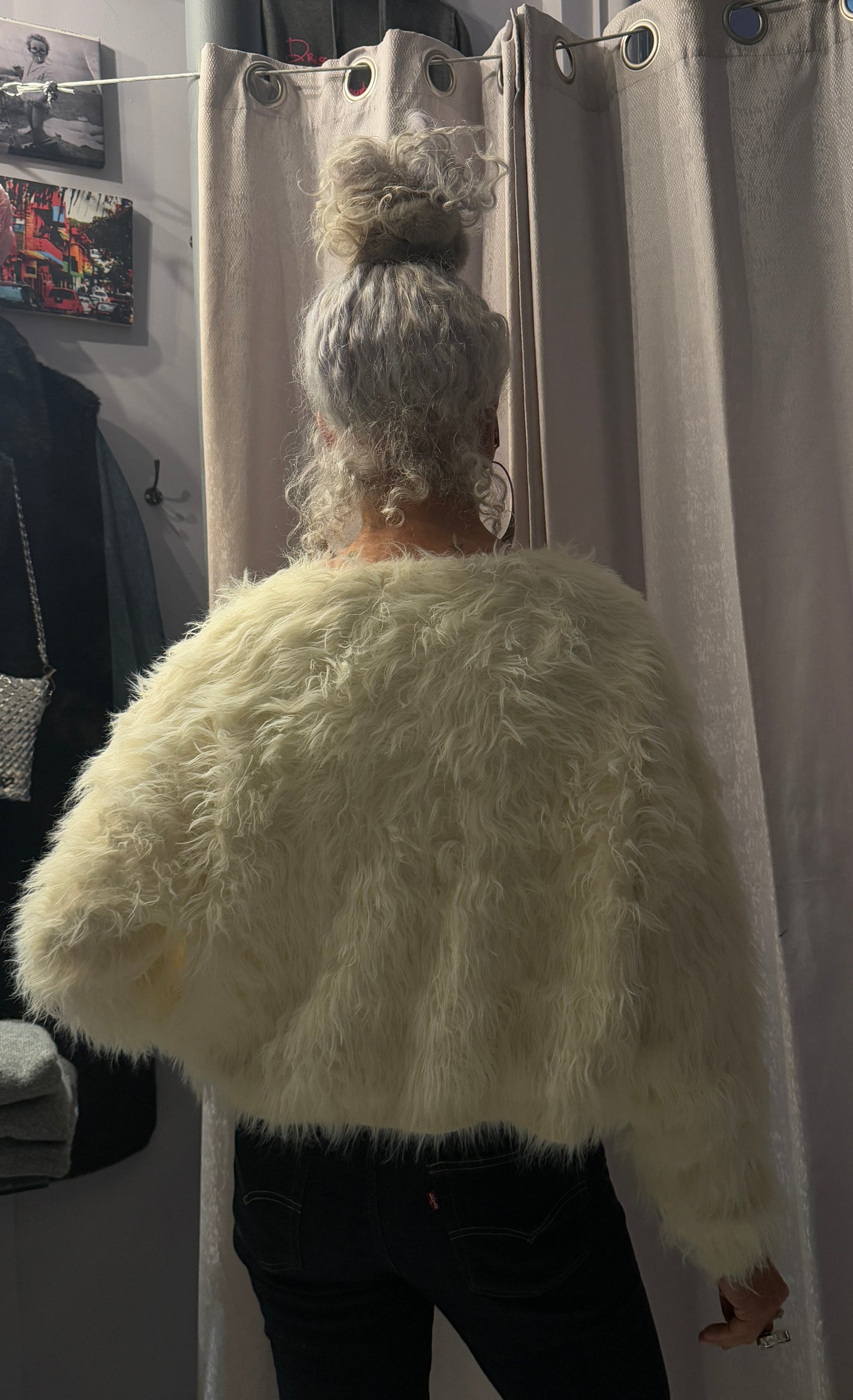 Faux Fur Shag Cropped Cardigan Jacket- IVORY