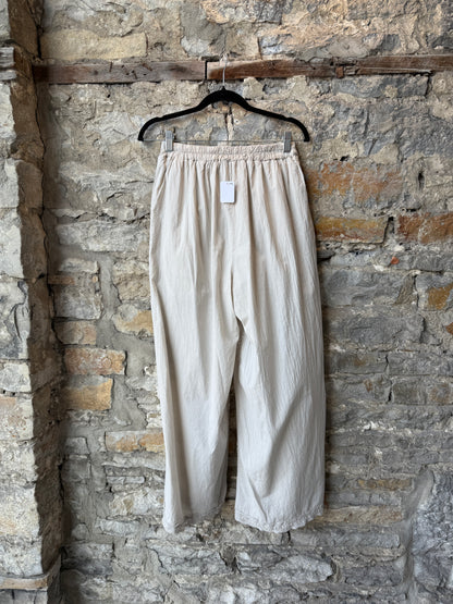 100% Cotton Boho Loose Wide Leg Pant with Pockets and Lace Detail- Sand