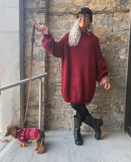 Oversized Knit Sweater Dress- RUST