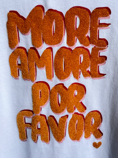 White Short Sleeve T shirt - More Love Please - Orange and Hot Pink