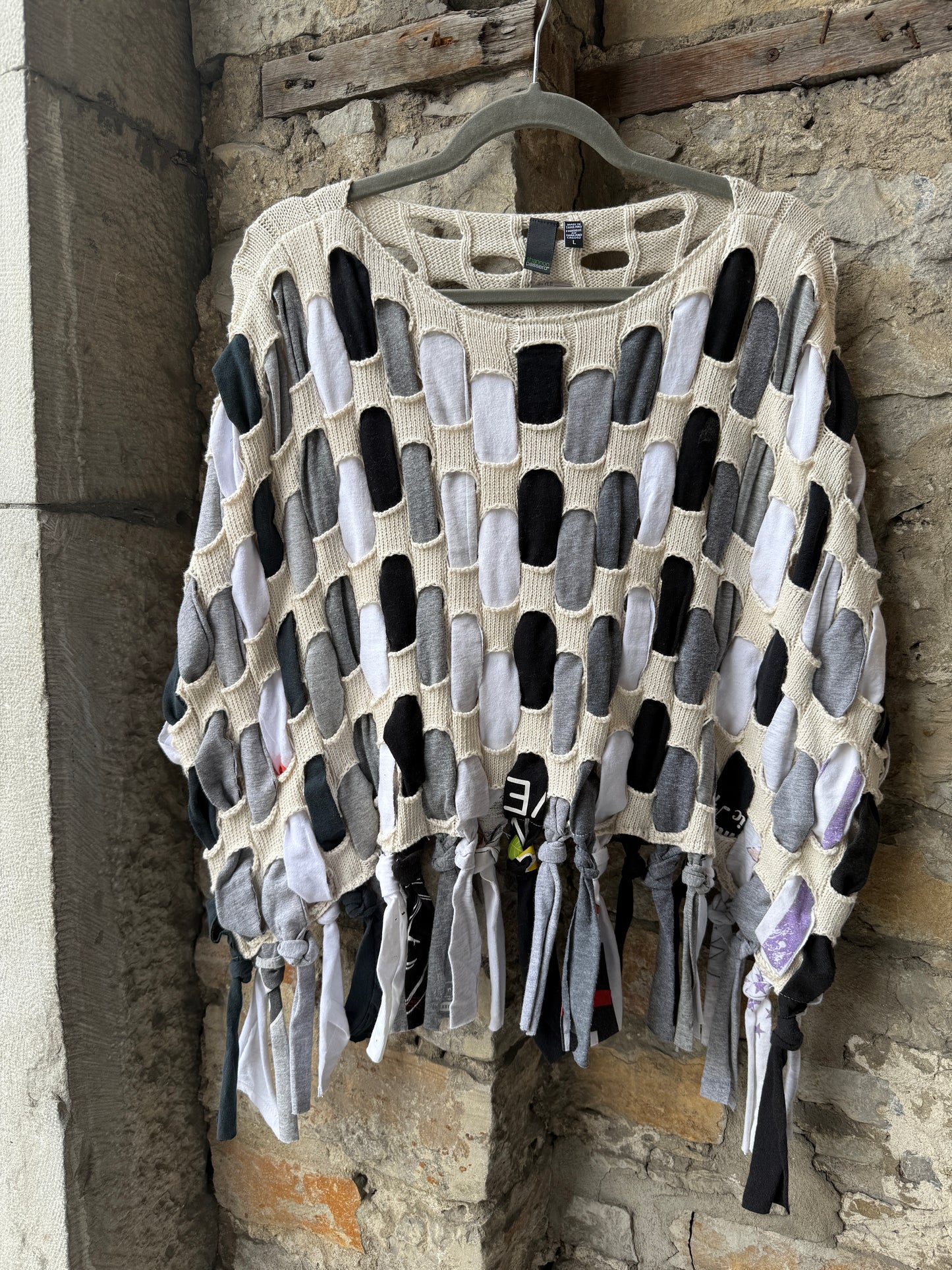 Recycled Black Grey and White on Oatmeal Cotton Oversized Cropped Relaxed Fit Pullover Sweater