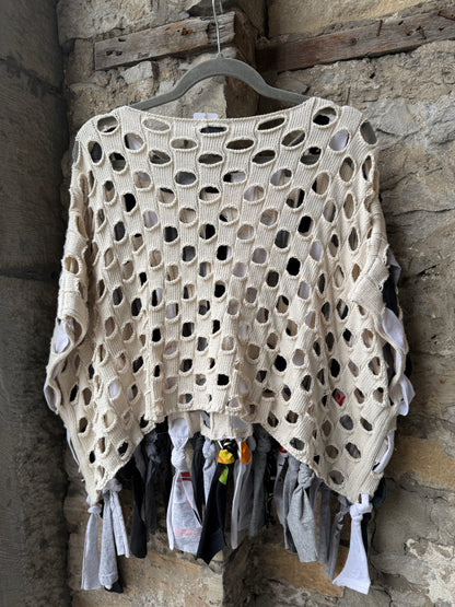 Recycled Black Grey and White on Oatmeal Cotton Oversized Cropped Relaxed Fit Pullover Sweater