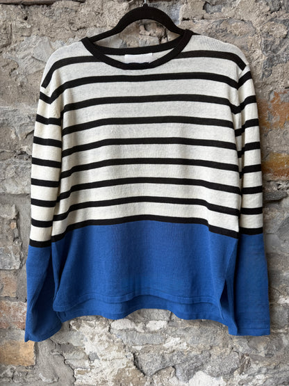 Black and Cream Striped Knit Sweater with Cobalt Blue