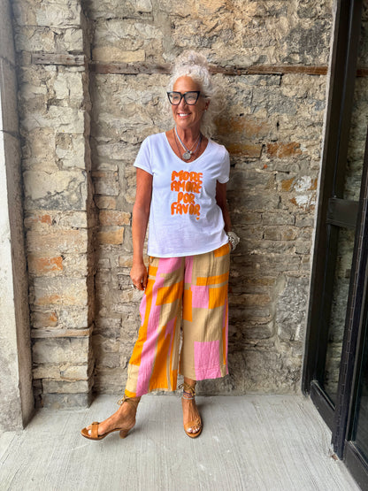 White Short Sleeve T shirt - More Love Please - Orange and Hot Pink