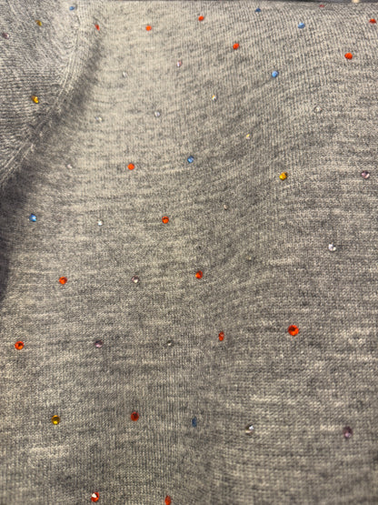 Grey Fine Knit Sweater with Multicoloured Rhinestone Details