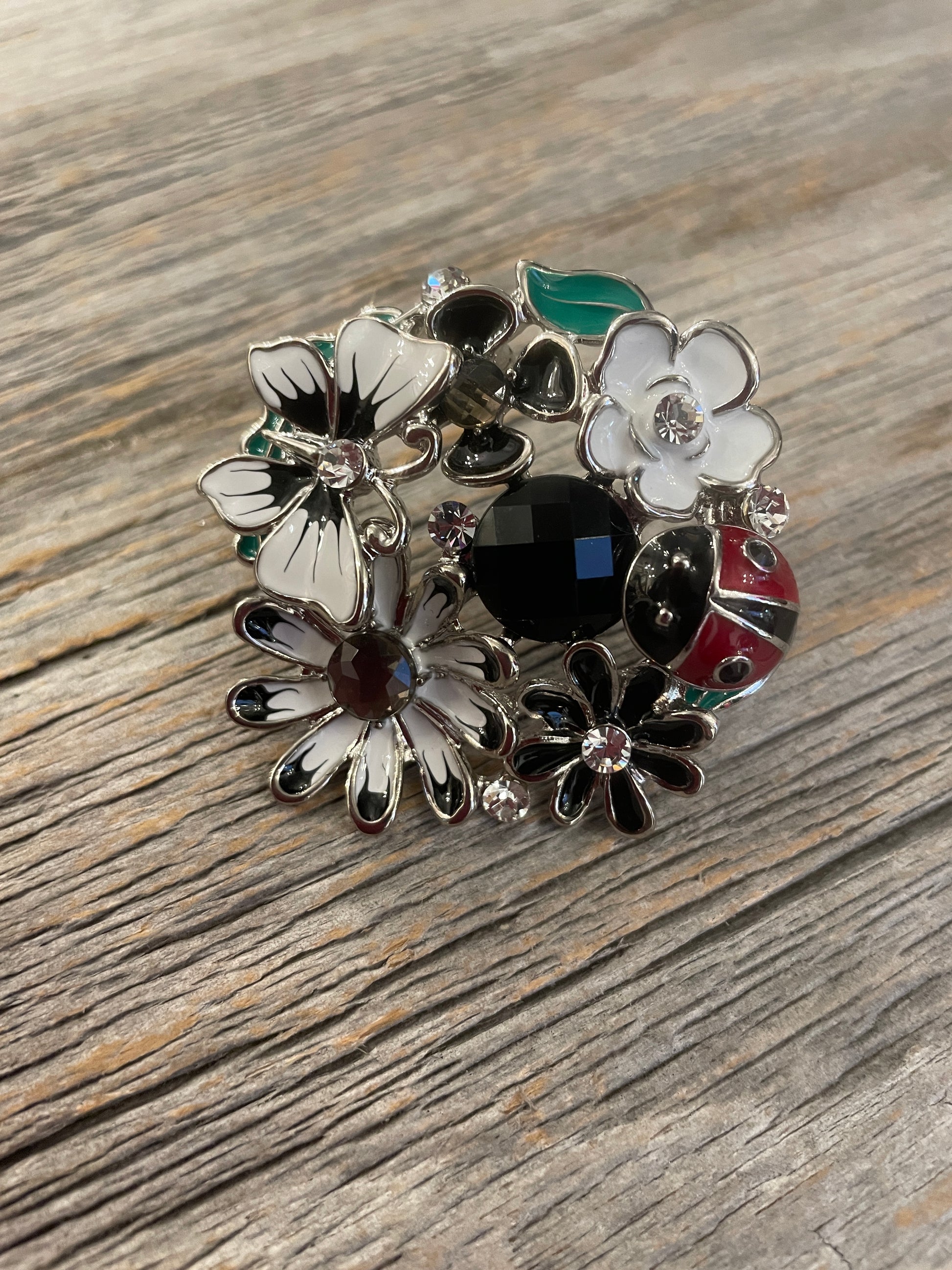 Black and White Floral Brooch Pin with ladybug