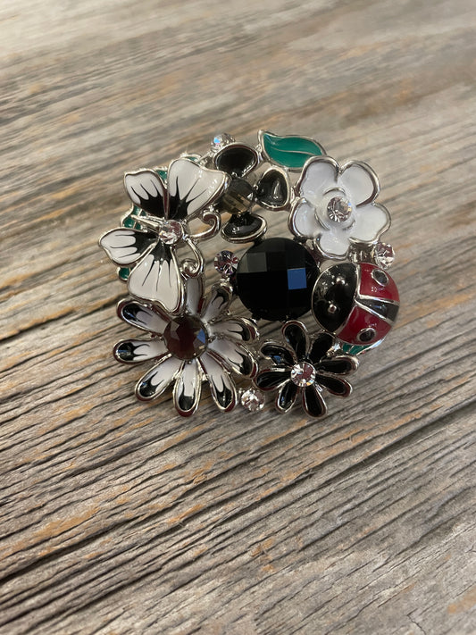Black and White Floral Brooch Pin with ladybug