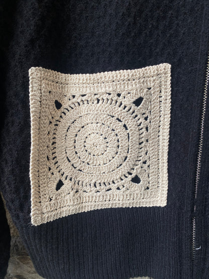 Shaker Knit Zip Up Bomber with Crochet Detail - BLACK