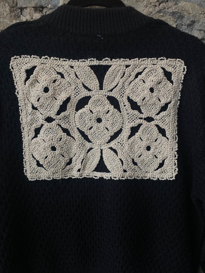 Shaker Knit Zip Up Bomber with Crochet Detail - BLACK