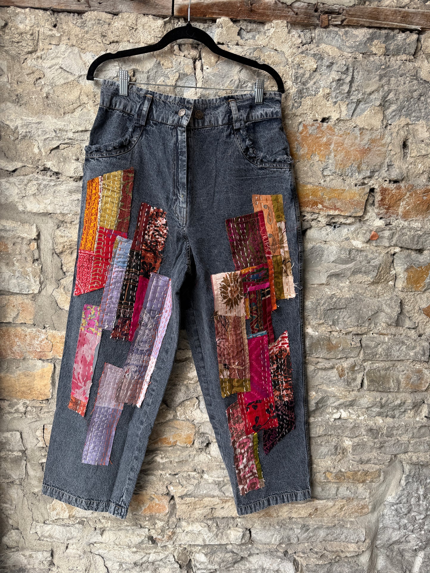 Hi Waist Multicolour Tapestry Jeans-Dark Wash