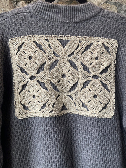 Shaker Knit Zip Up Bomber with Crochet Detail - GREY