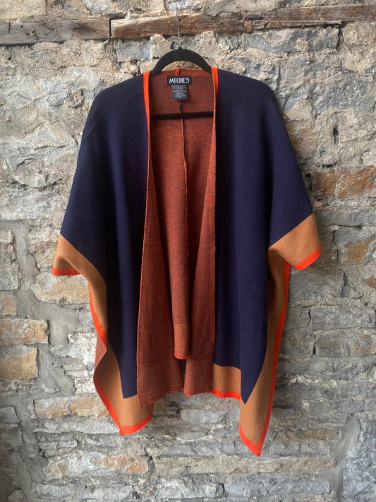 Navy, Tan and Orange Colour Block Knit Cape