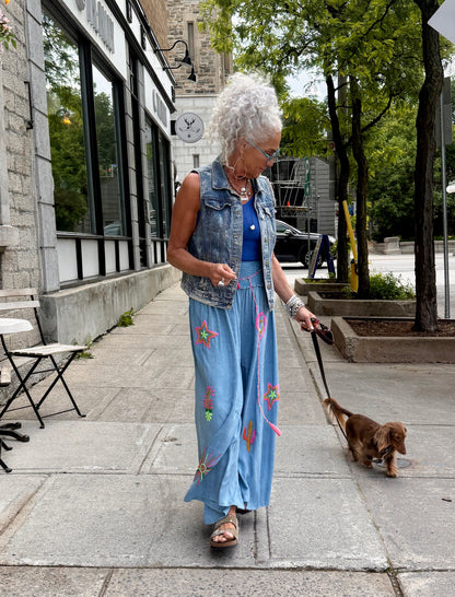 Boho Palazzo Pant- BLUE with Multi Colour Embroidery