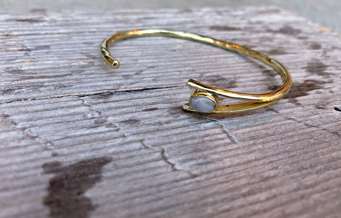 Hammered Cuff Bracelet with Moonstone - GOLD