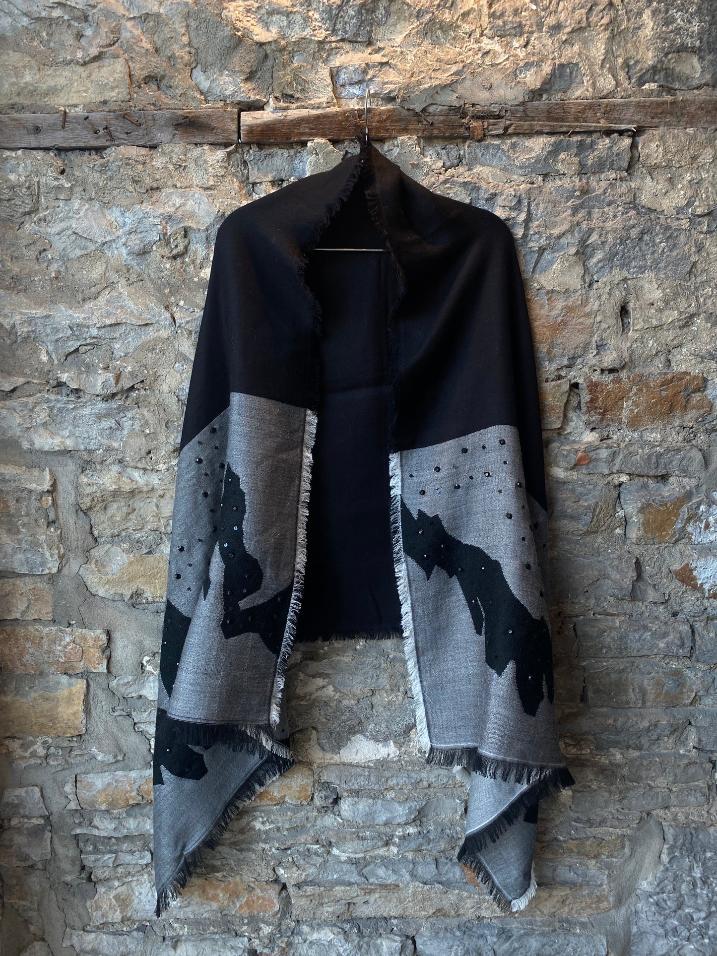 Abstract Motif Black and Grey with  Rhinestone Scarf