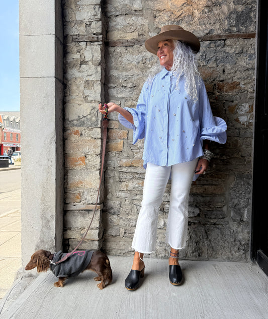 Blue and White Pinstripe Oversized Ruffle Sleeve Shirt with Rhinestones
