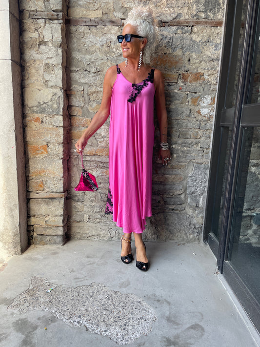 One of a Kind Satin V Neck  Midi Slip Dress with Black Lace - Hot Pink