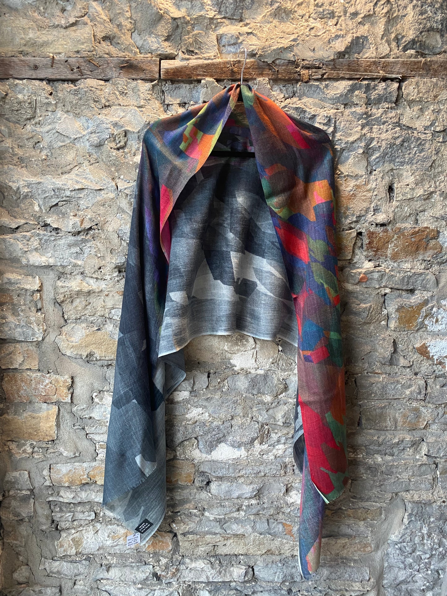 Wool and Silk Blend Multicolour and Grey Abstract Scarf