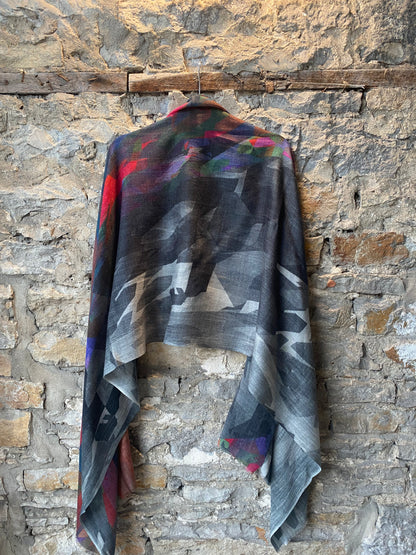 Wool and Silk Blend Multicolour and Grey Abstract Scarf