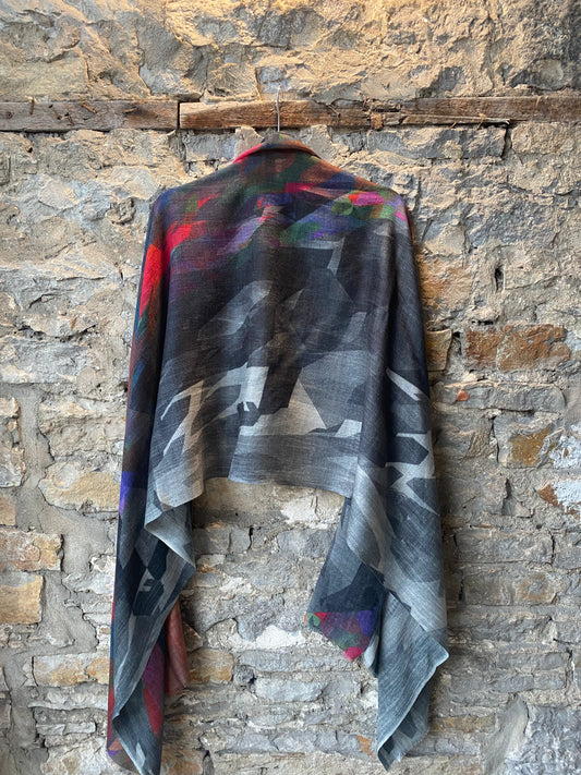 Wool and Silk Blend Multicolour and Grey Abstract Scarf