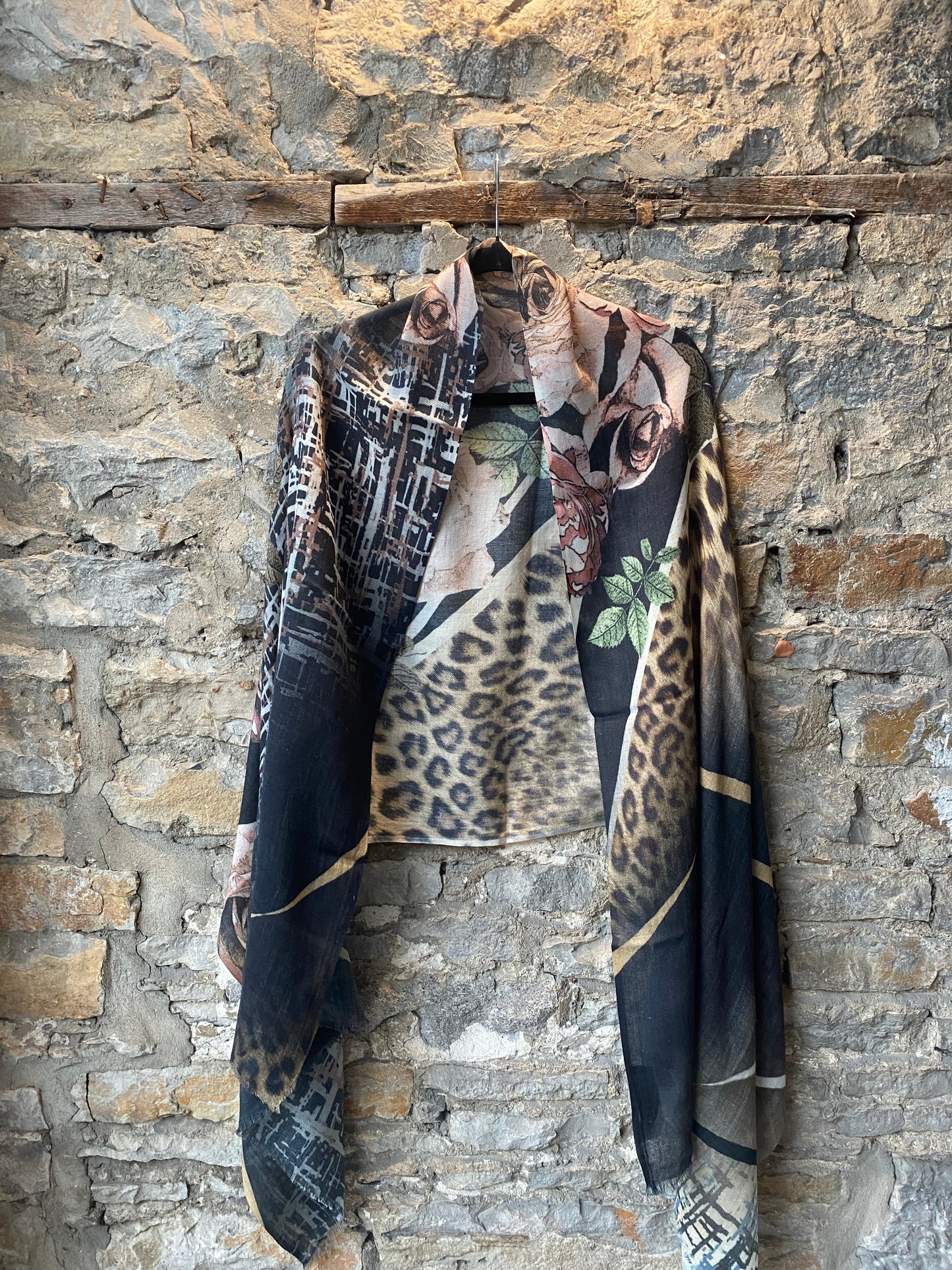 Wool and Silk Blend Animal Print Floral Scarf