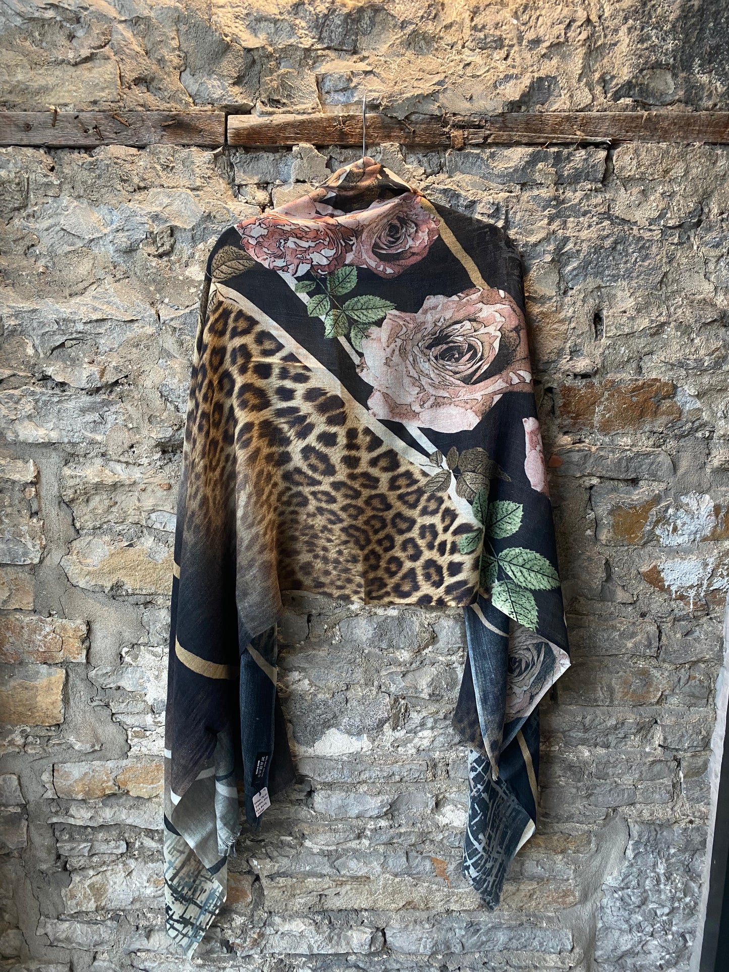 Wool and Silk Blend Animal Print Floral Scarf
