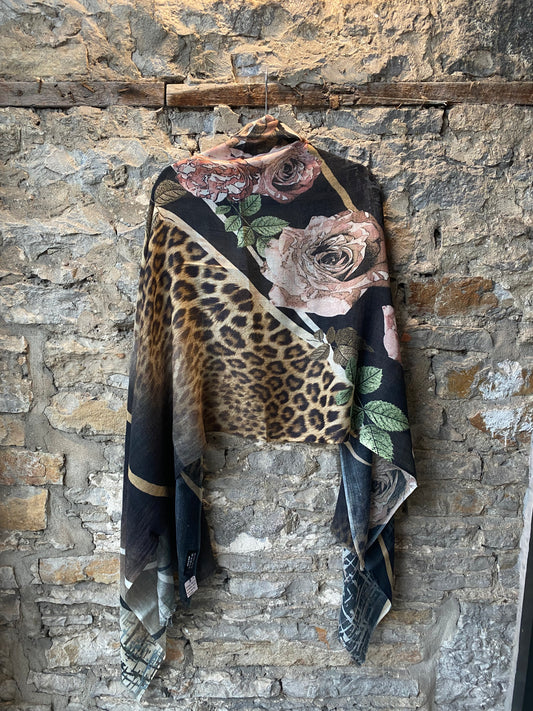 Wool and Silk Blend Animal Print Floral Scarf
