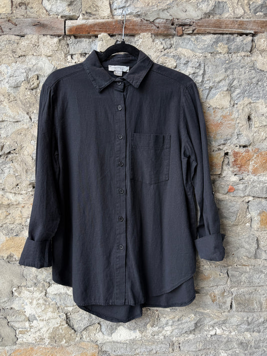 Linen Blend Black Button Front Long Sleeve Shirt with distressed seam - Black