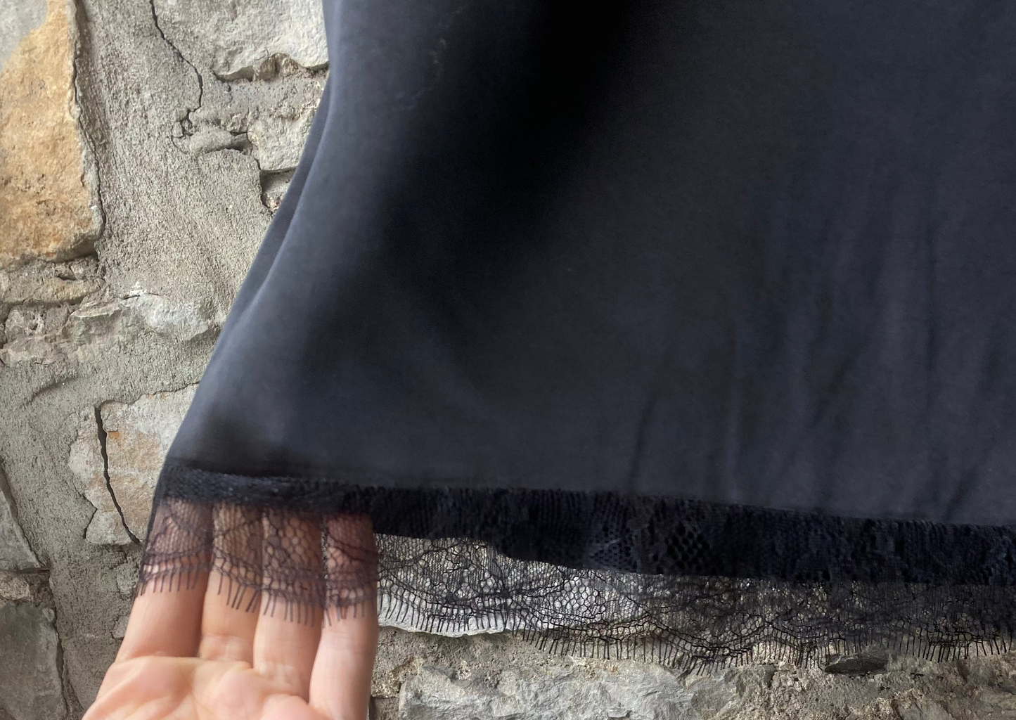 Black Satin Skirt with Lace Trim