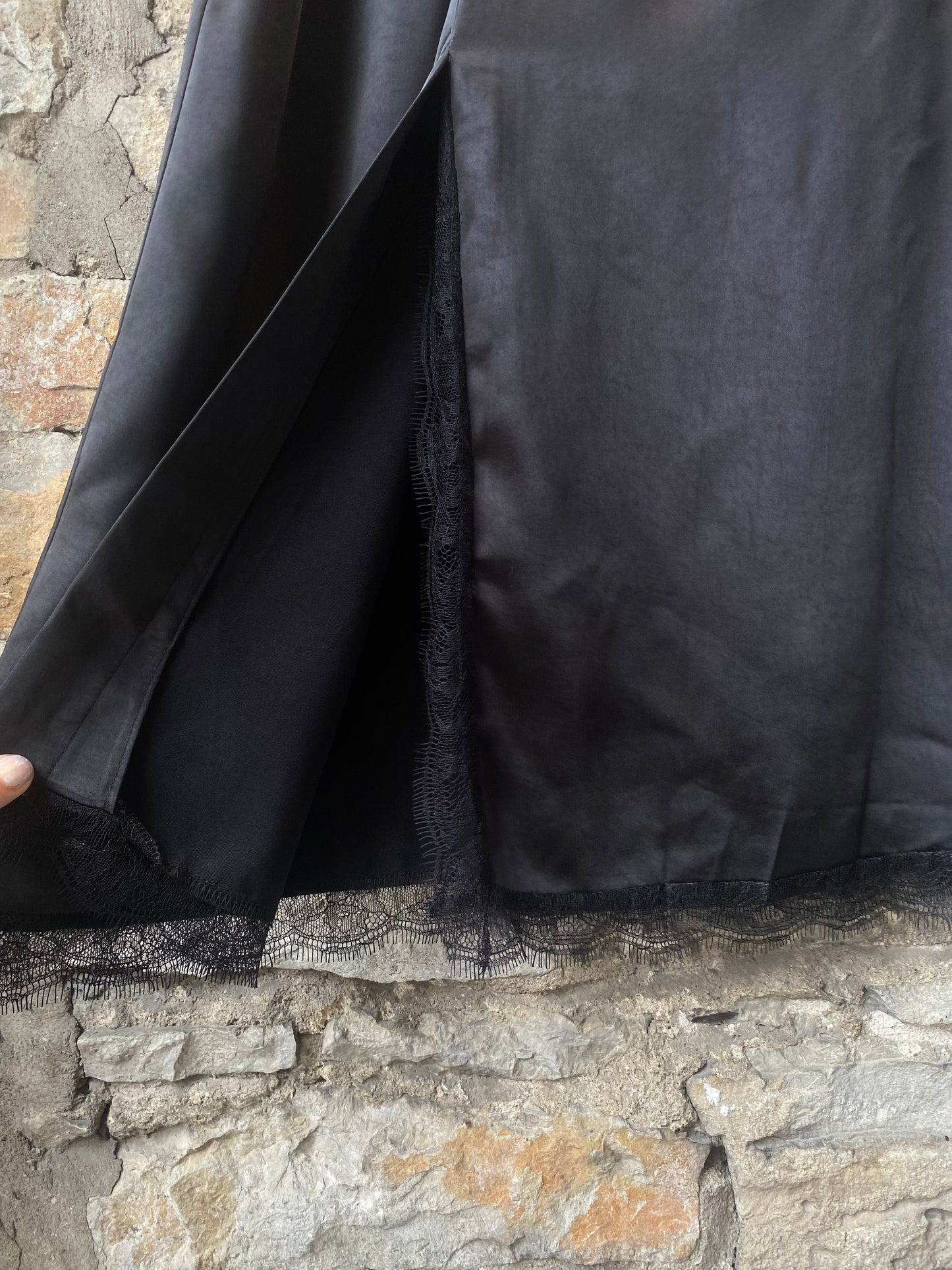 Black Satin Skirt with Lace Trim