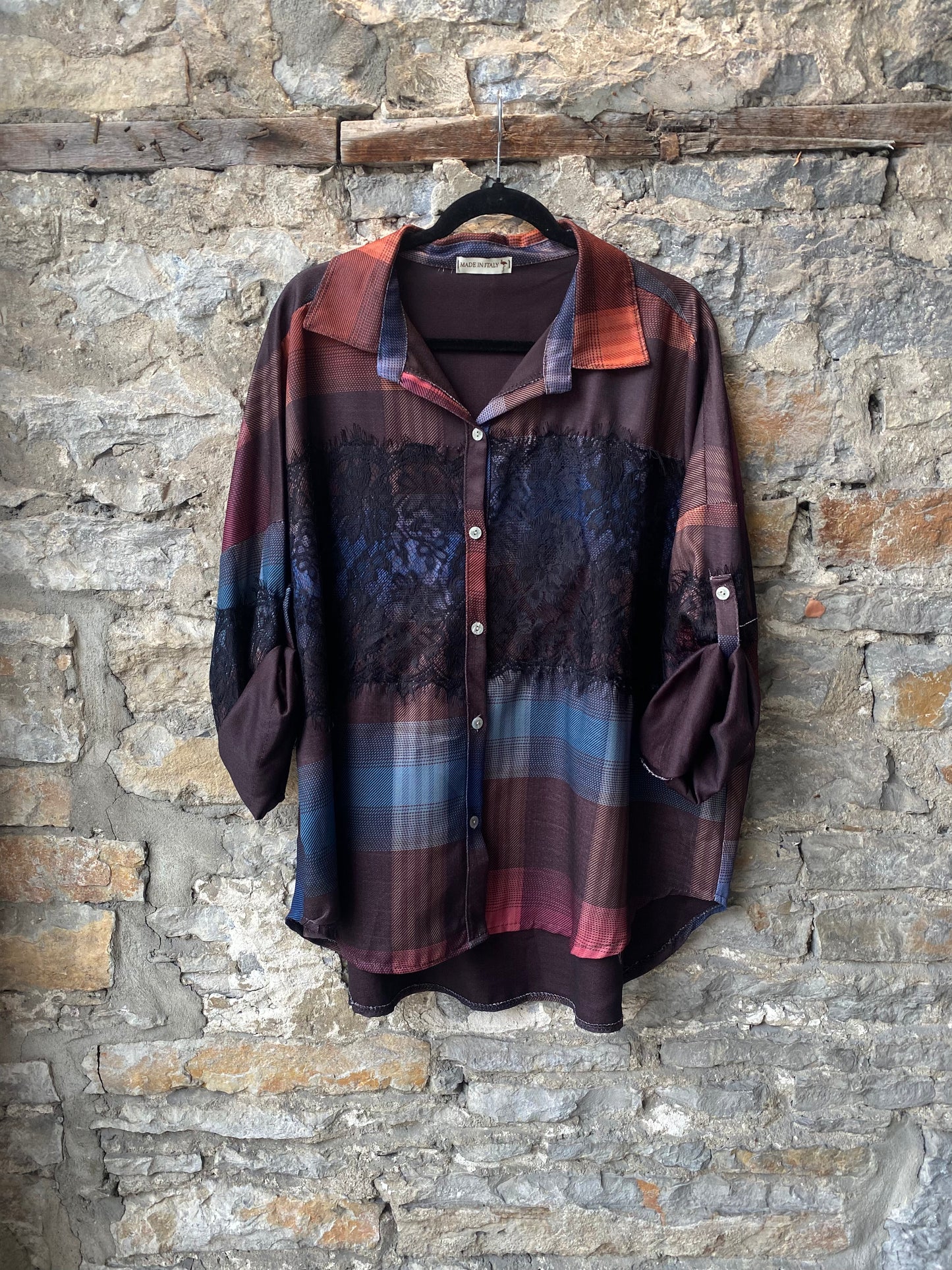 Linen Blend Patchwork Plaid Shirt with Lace Detail