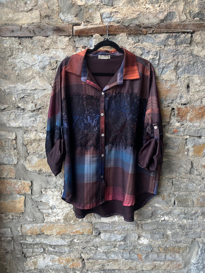 Linen Blend Patchwork Plaid Shirt with Lace Detail