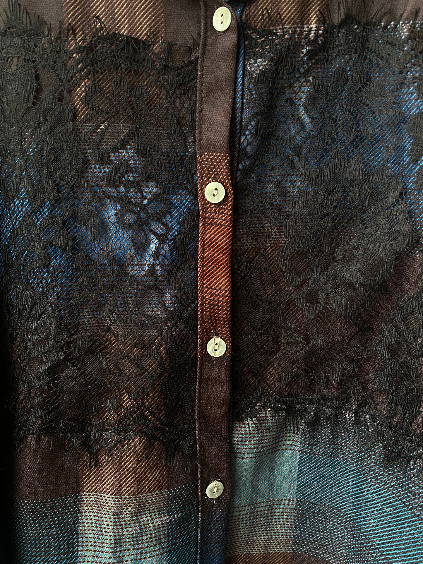 Linen Blend Patchwork Plaid Shirt with Lace Detail