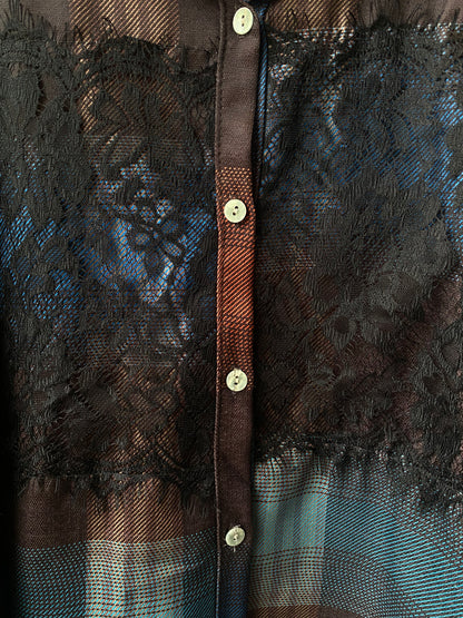 Linen Blend Patchwork Plaid Shirt with Lace Detail