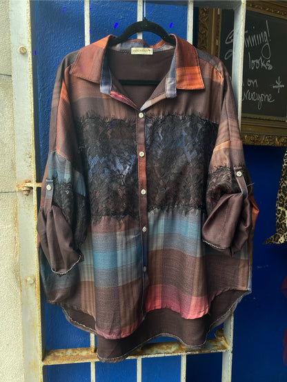 Linen Blend Patchwork Plaid Shirt with Lace Detail